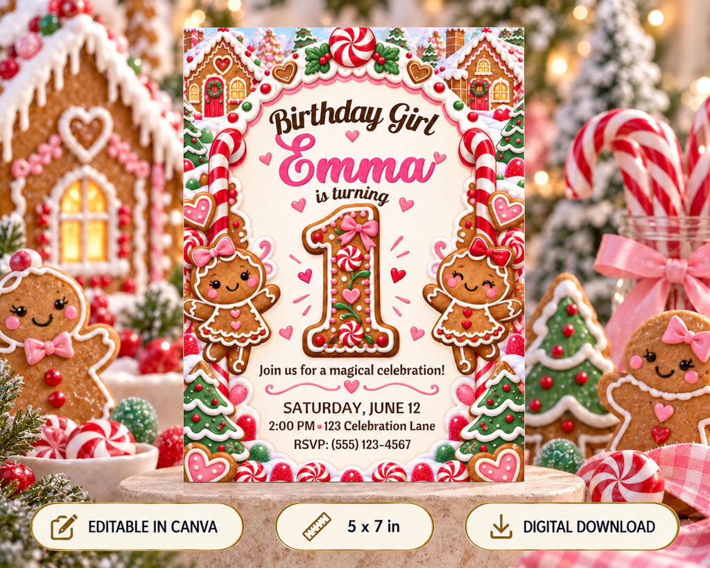 A birthday party invitation featuring gingerbread houses and candy canes, with the text "Birthday Girl Emma is turning 1" prominently displayed.