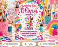 The image is a birthday invitation for a girl named Olivia, featuring a colorful and whimsical design with paintbrushes, paint tubes, and other art supplies.