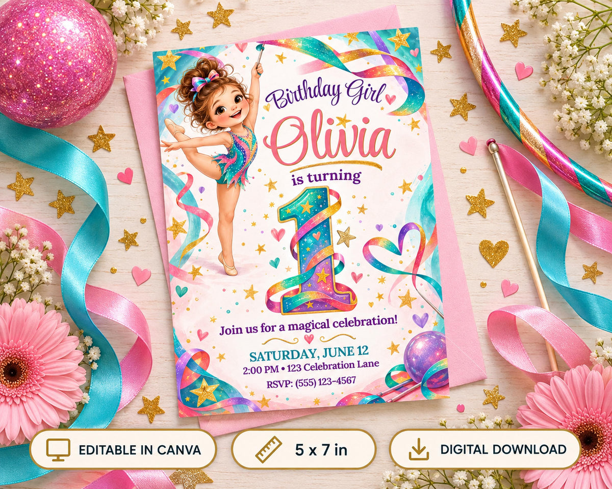Birthday party invitation for a girl named Olivia turning one, featuring a cartoon girl, ribbons, flowers, and stars.