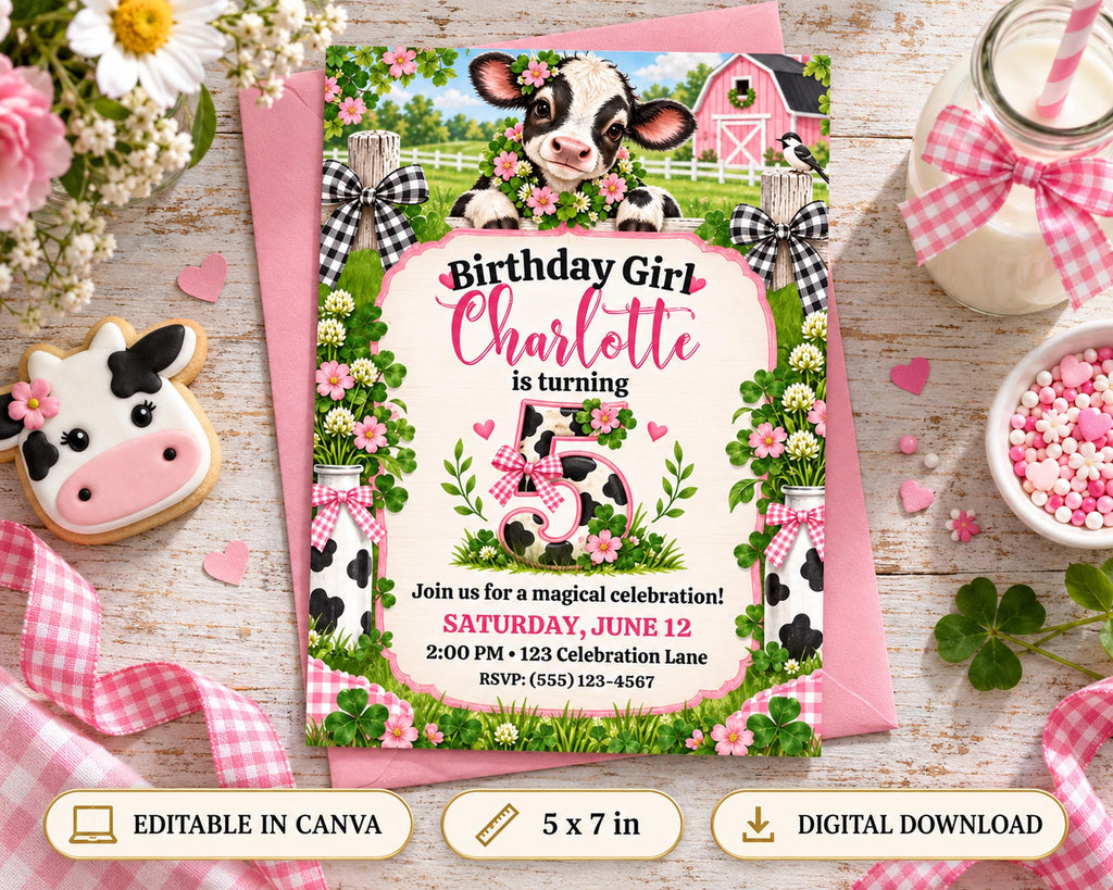 The image is a birthday invitation for a girl named Charlotte, featuring a cow illustration, flowers, and a barn. The invitation is pink and white, and it includes details about the birthday celebration on Saturday, June 12th at 2:00 PM at the Celebration Lane.