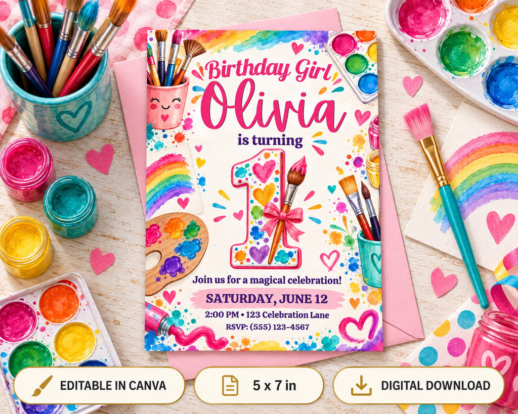 The image is a birthday invitation for a girl named Olivia, featuring a colorful and whimsical design with paintbrushes, paint tubes, and hearts.