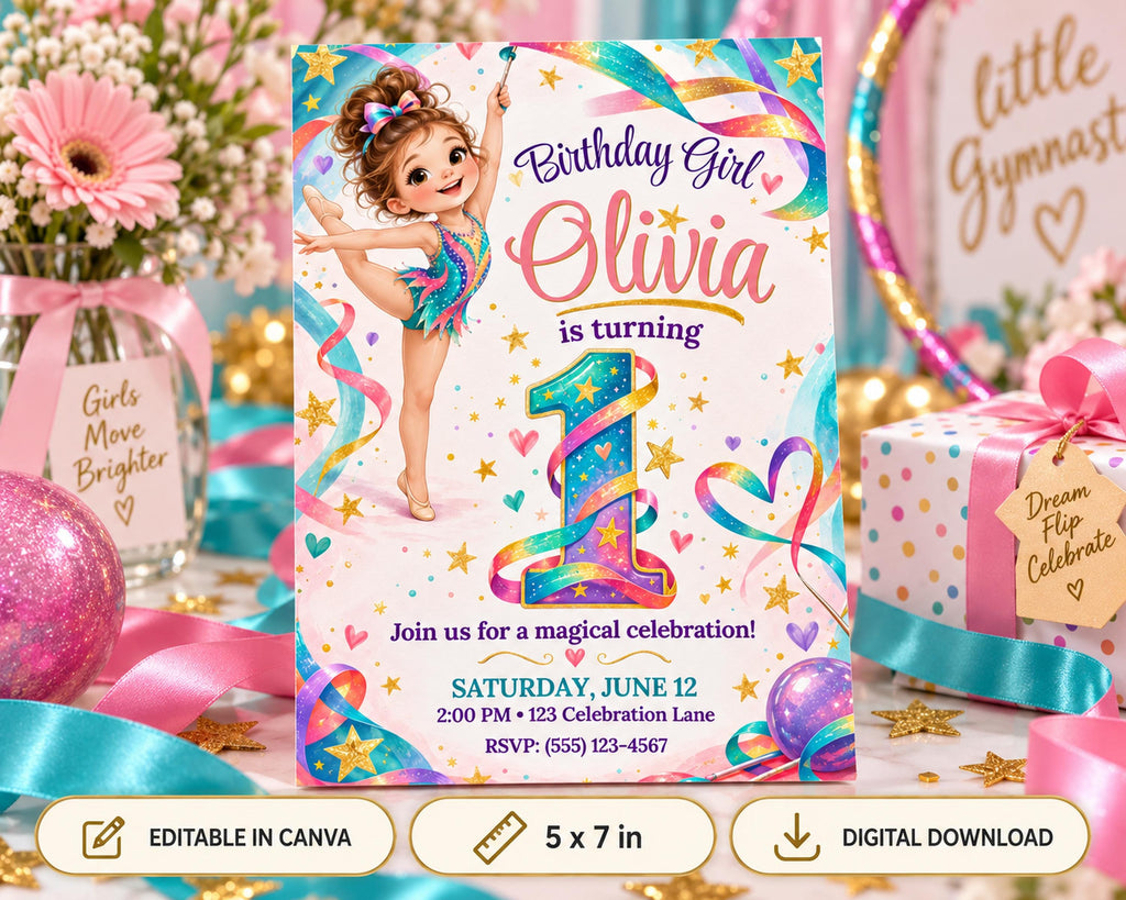 The image is a birthday invitation for a girl named Olivia, featuring a cartoon illustration of a young girl dancing and holding a wand. The invitation is surrounded by pink and blue ribbons, flowers, and other decorative elements, creating a festive atmosphere.