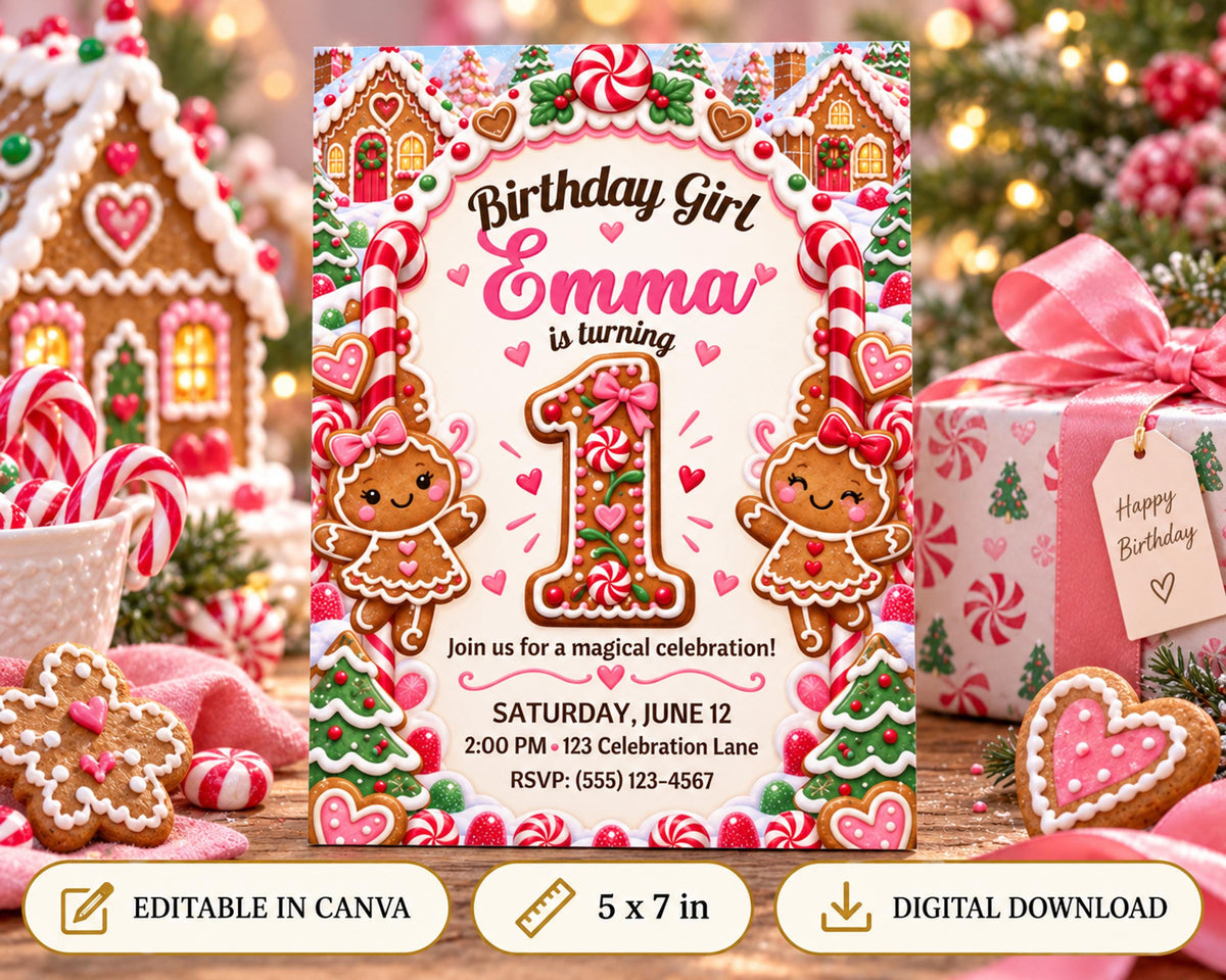 A birthday invitation featuring a gingerbread house theme, with the text "Birthday Girl Emma is turning 1" and "join us for a magical celebration!" The invitation is surrounded by various gingerbread houses and other festive decorations, creating a festive atmosphere.