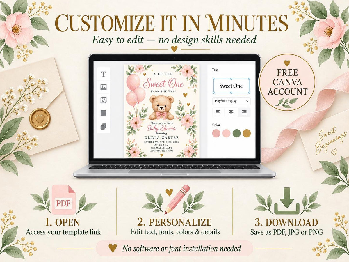 The image is a promotional graphic for a customizable baby shower invitation service. It features a laptop displaying a baby shower invitation design, along with various options for personalizing and printing the invitation.