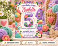 The image is a birthday invitation for a girl named Charlotte, which features a colorful and whimsical design with crochet elements, yarn, and flowers.