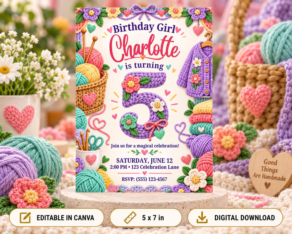 The image is a birthday invitation for a girl named Charlotte, which features a colorful and whimsical design with crochet elements, yarn, and flowers.