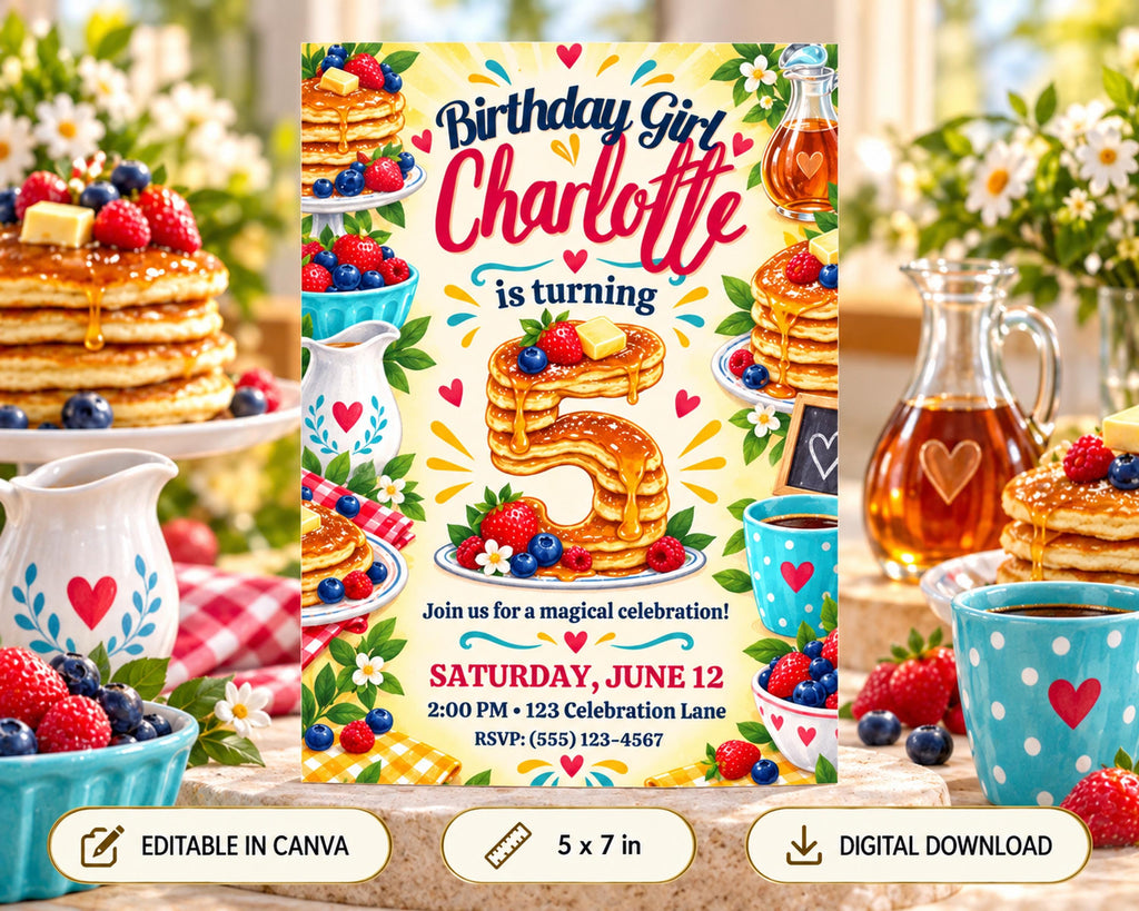 The image is a birthday party invitation for a girl named Charlotte, featuring illustrations of pancakes, berries, and other breakfast items, along with the text "Birthday Girl Charlotte is turning 5".