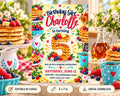 The image is a birthday party invitation for a girl named Charlotte, featuring illustrations of pancakes, berries, and other breakfast items, along with the text "Birthday Girl Charlotte is turning 5".