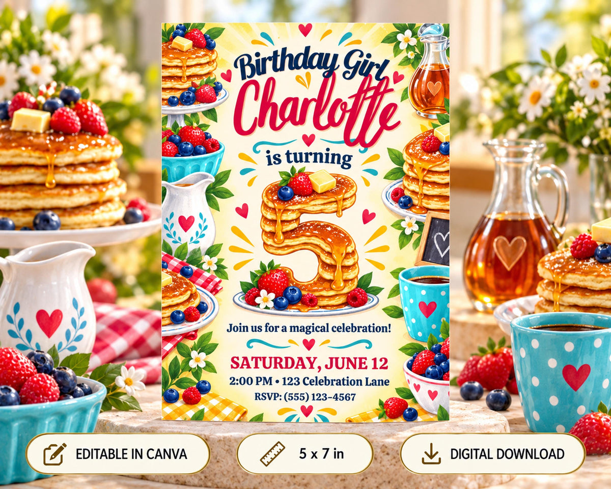 The image is a birthday party invitation for a girl named Charlotte, featuring illustrations of pancakes, berries, and other breakfast items, along with the text "Birthday Girl Charlotte is turning 5".