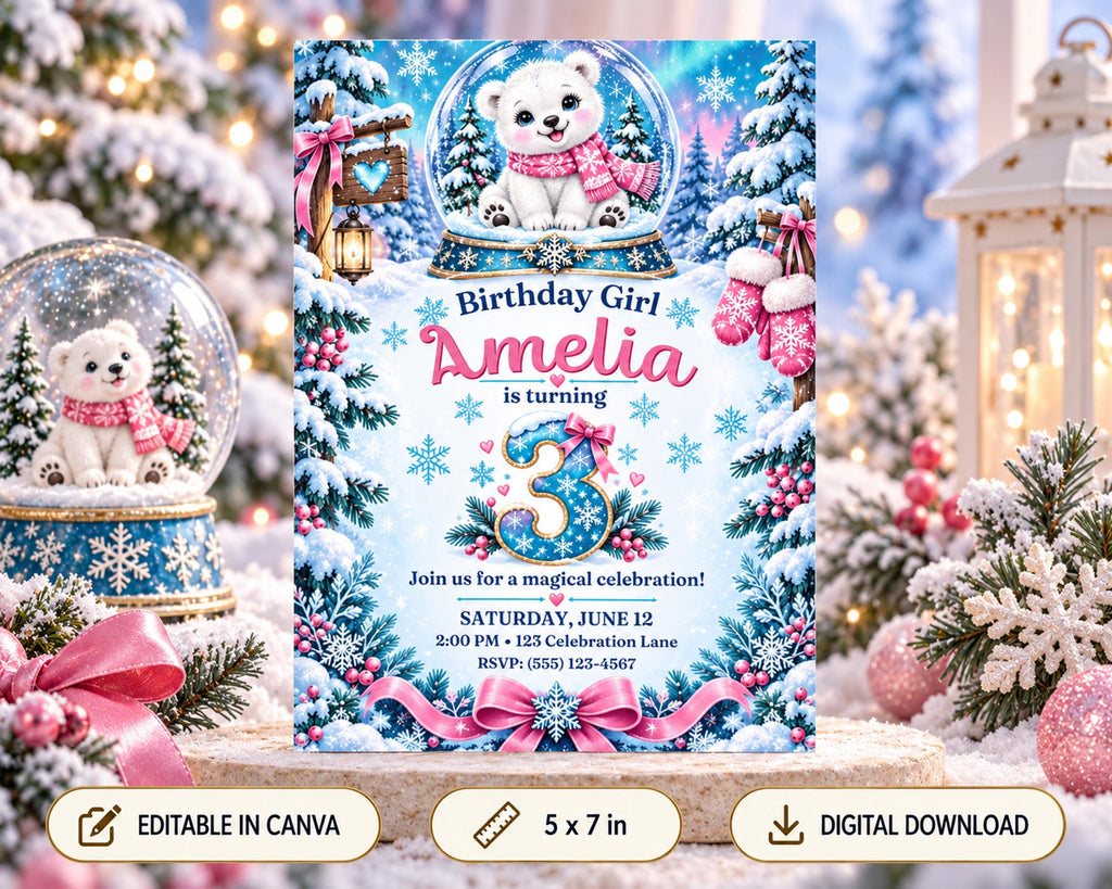 A birthday invitation for a girl named Amelia, featuring a snow globe with a polar bear, surrounded by snow and Christmas decorations.