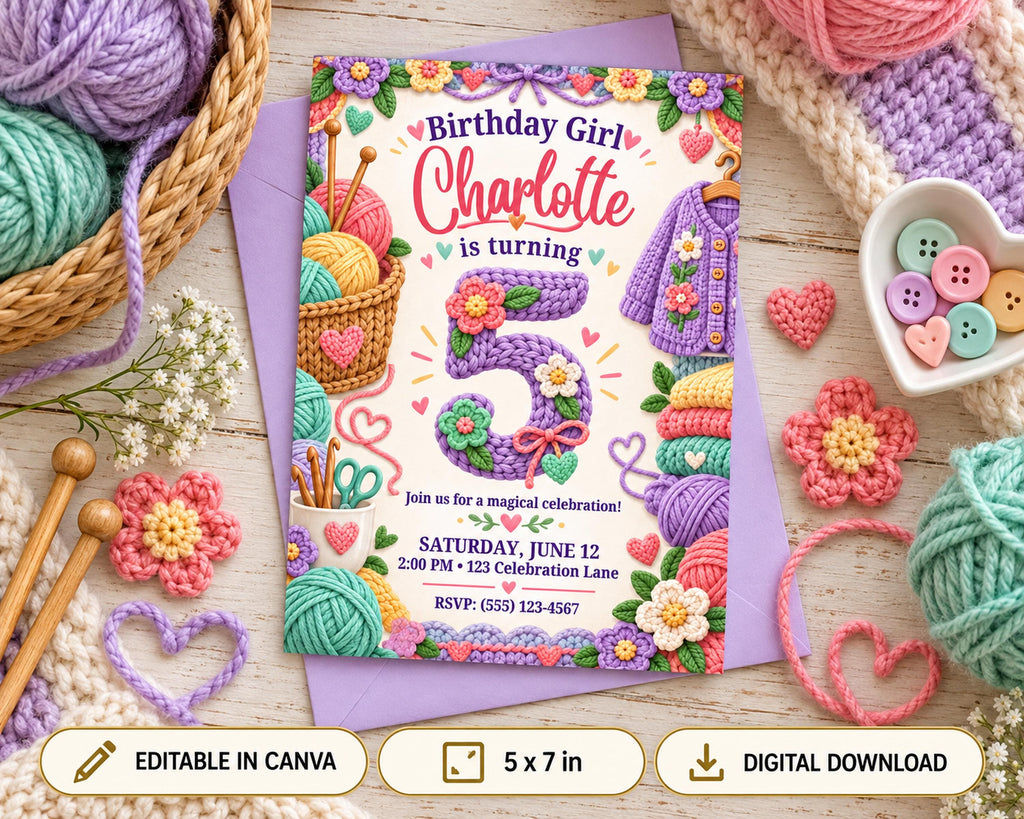 A birthday invitation for a girl named Charlotte, featuring colorful crochet designs, yarn, and other craft-related items.