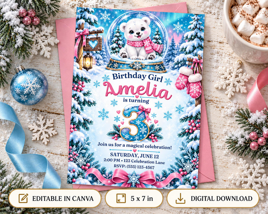 A birthday invitation for a girl named Amelia, featuring a snow globe with a teddy bear, surrounded by snowflakes, pine trees, and other winter-themed decorations.