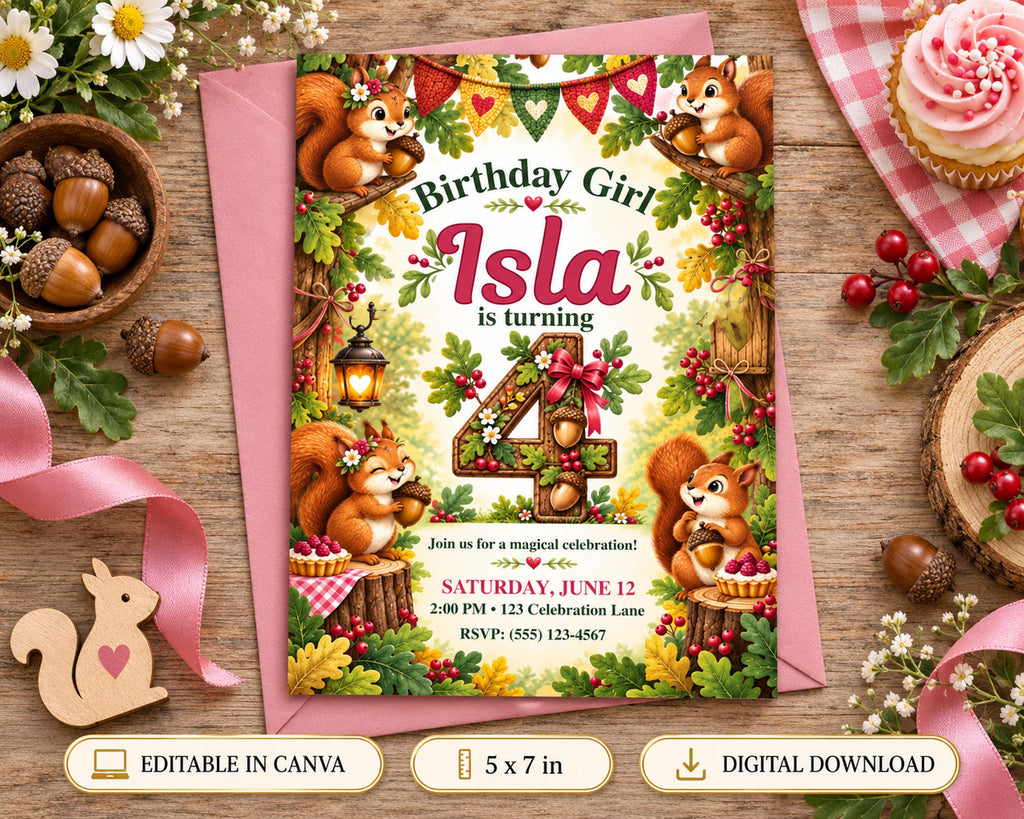 The image is a birthday invitation featuring a woodland theme with squirrels, acorns, and a cake. The invitation is for a magical celebration of Isla's 4th birthday.