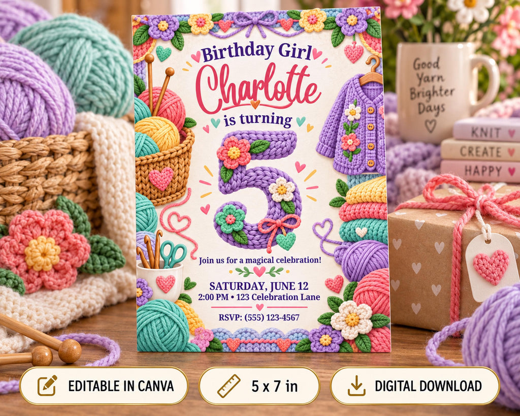 A crocheted birthday party invitation for a girl named Charlotte, celebrating her 5th birthday. The invitation features colorful crochet elements, such as yarn balls, flowers, and a crocheted number 5. The invitation is surrounded by various crochet items, suggesting a crochet-themed party.