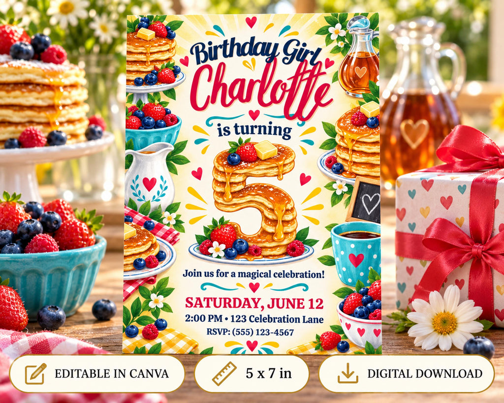 The image is a birthday invitation for a girl named Charlotte, featuring illustrations of pancakes, berries, and other festive elements.