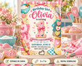 The image is a birthday invitation for a girl named Olivia, featuring a whimsical and colorful design with various kitchen-themed elements such as a cake, mixing bowls, and utensils.