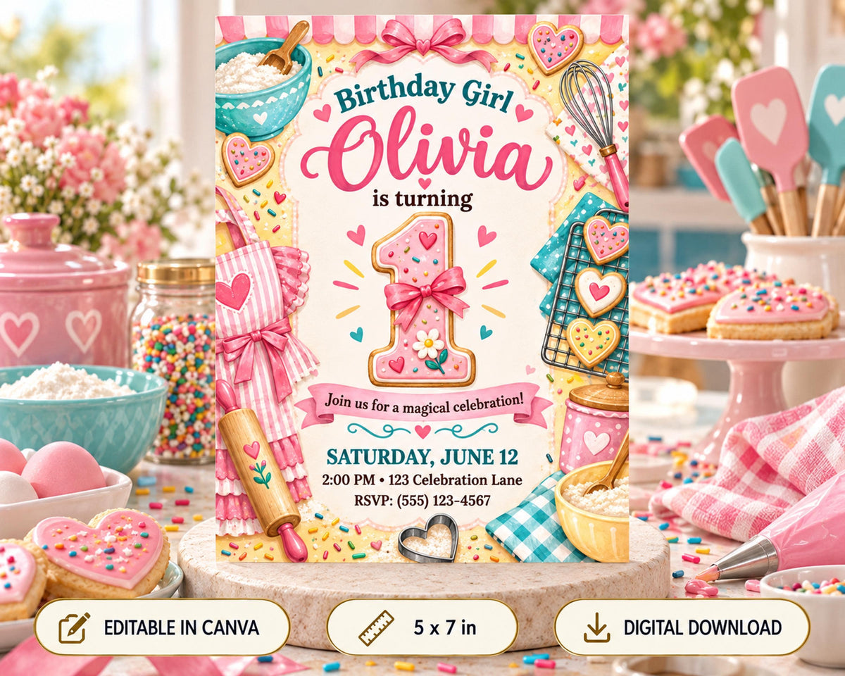The image is a birthday invitation for a girl named Olivia, featuring a whimsical and colorful design with various kitchen-themed elements such as a cake, mixing bowls, and utensils.