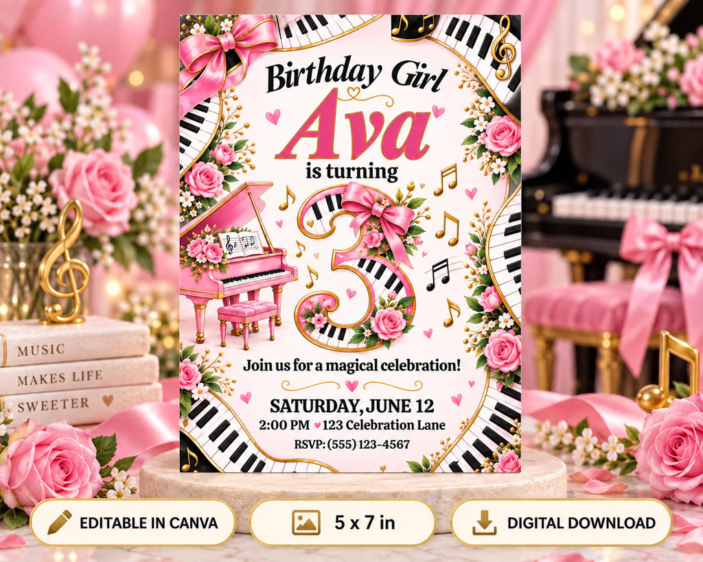 The image is a birthday invitation for a girl named Ava, who is turning 3 years old. The invitation features a piano and musical notes, along with pink and white floral decorations. The background is pink and white, and there are books and flowers visible in the scene. The invitation invites guests to a magical celebration and provides details about the event, including the date, time, location, and RSVP information.