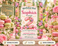 The image is a birthday invitation for a girl named Sophia, featuring a pink and green color scheme with floral decorations and macarons.