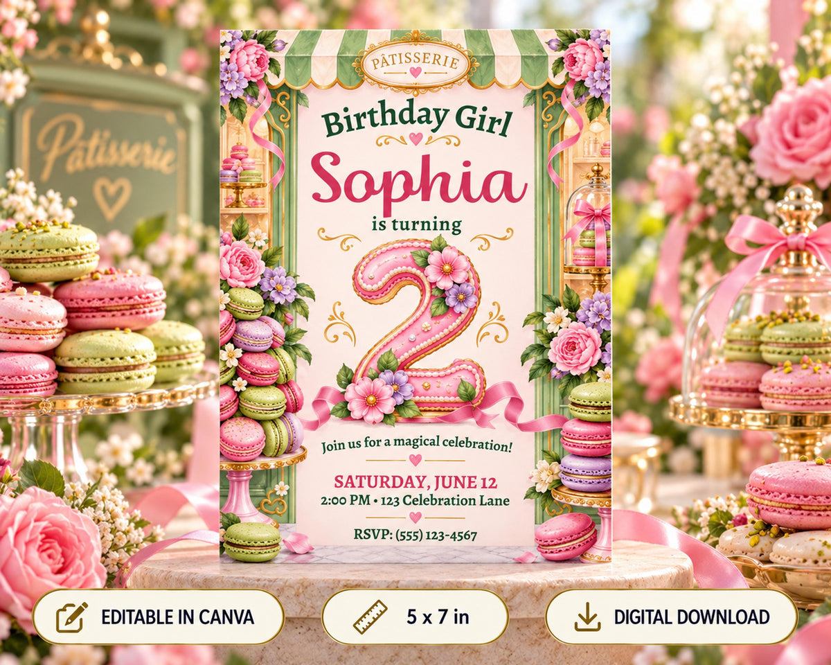 The image is a birthday invitation for a girl named Sophia, featuring a pink and green color scheme with floral decorations and macarons.