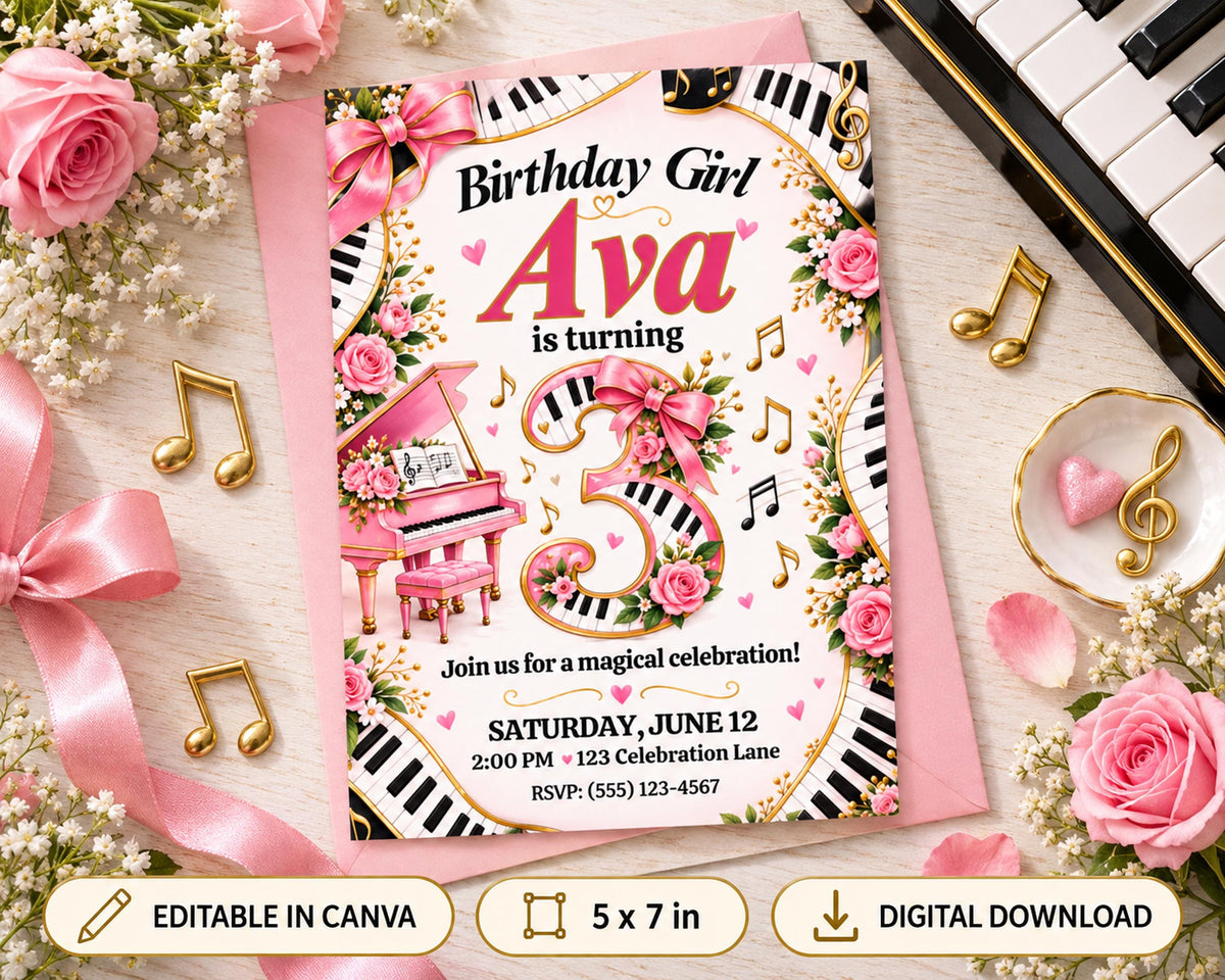 The image is a birthday invitation for a girl named Ava, who is turning 3 years old. The invitation is decorated with pink roses, musical notes, and a piano, creating a festive and musical atmosphere.