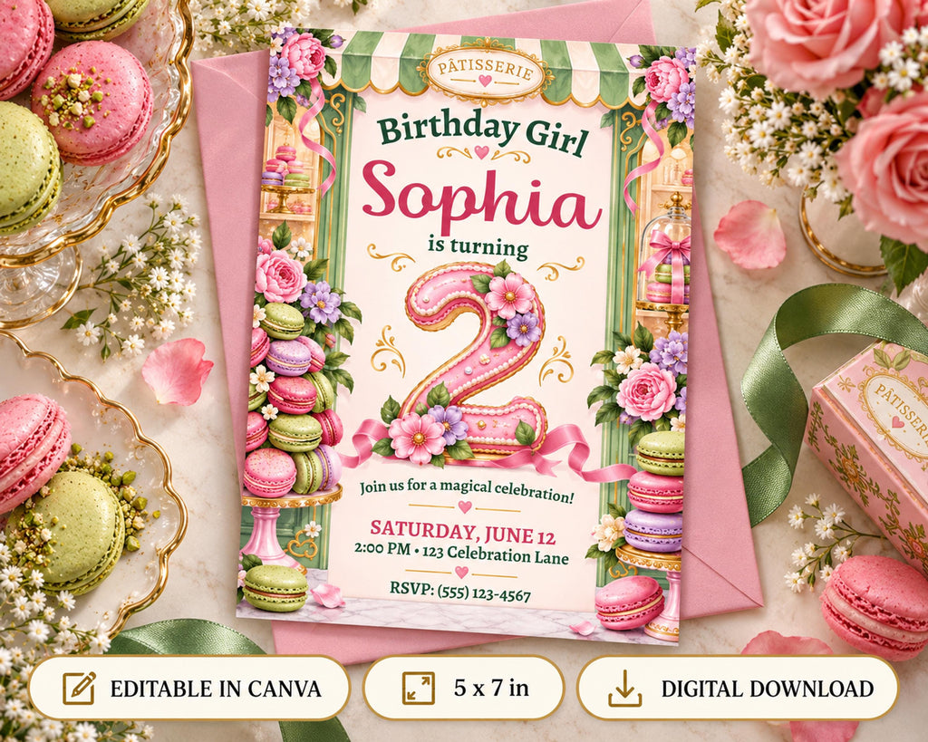 The image is a birthday invitation for a girl named Sophia, featuring a pink and green color scheme with floral decorations and macarons.