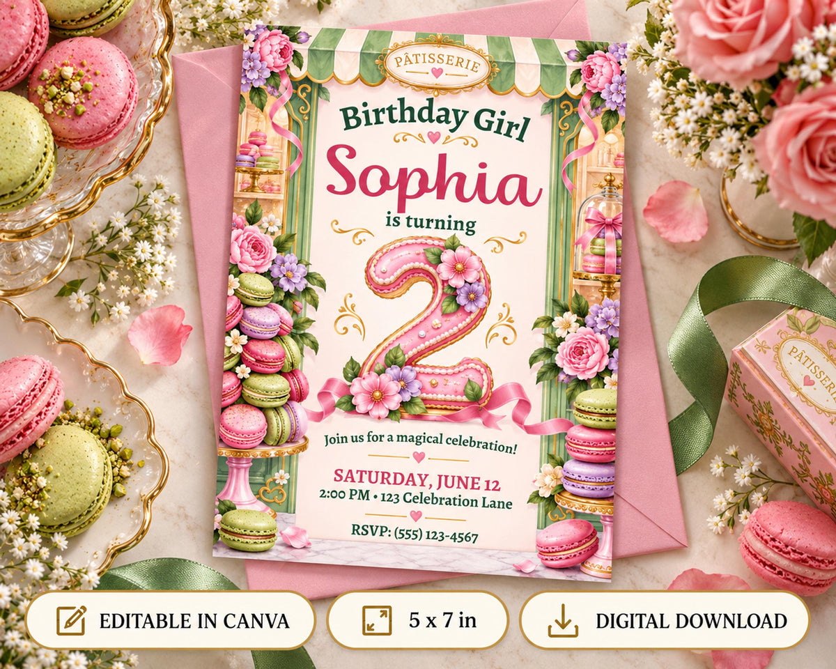 The image is a birthday invitation for a girl named Sophia, featuring a pink and green color scheme with floral decorations and macarons.
