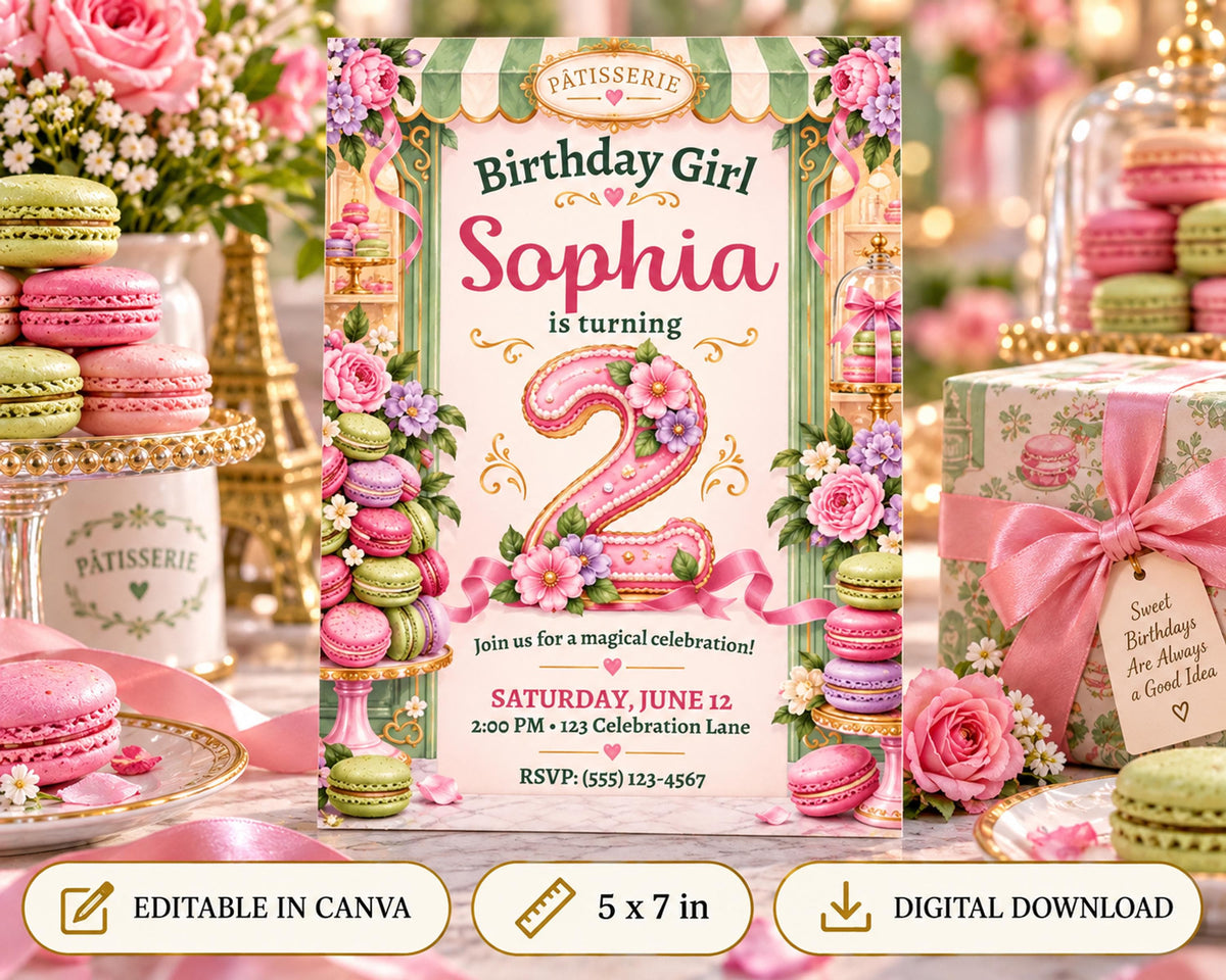 The image is a birthday invitation for a girl named Sophia, featuring a pink and green color scheme with macarons and flowers. The invitation is for a magical celebration on Saturday, June 12th at the Celebration Lane.