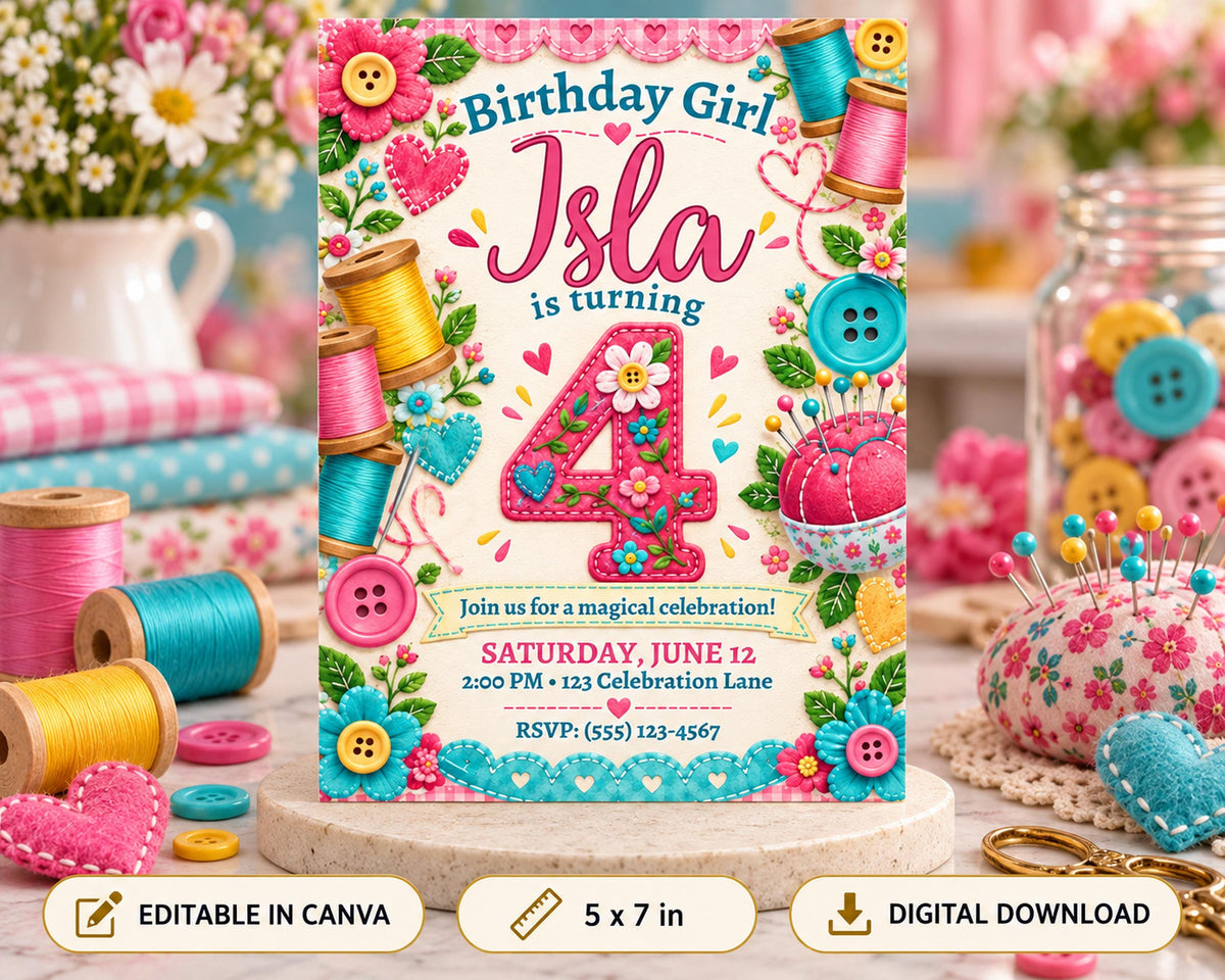 A colorful birthday invitation for a girl named Isla, featuring sewing-related elements such as buttons, thread, and fabric.