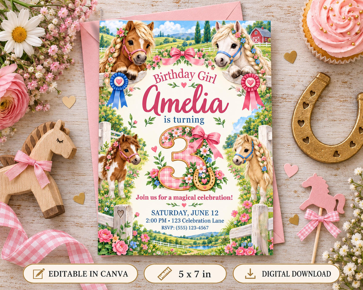The image is a birthday invitation for a girl named Amelia, featuring illustrations of horses and flowers, along with the text "Birthday Girl Amelia is turning 3". The invitation is surrounded by various party decorations, including a wooden horse, a horseshoe, and a cupcake.