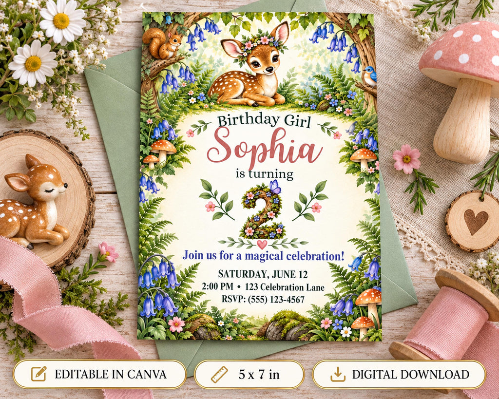 The image is a birthday invitation featuring a forest theme with a deer and flowers, along with other woodland-themed decorations.