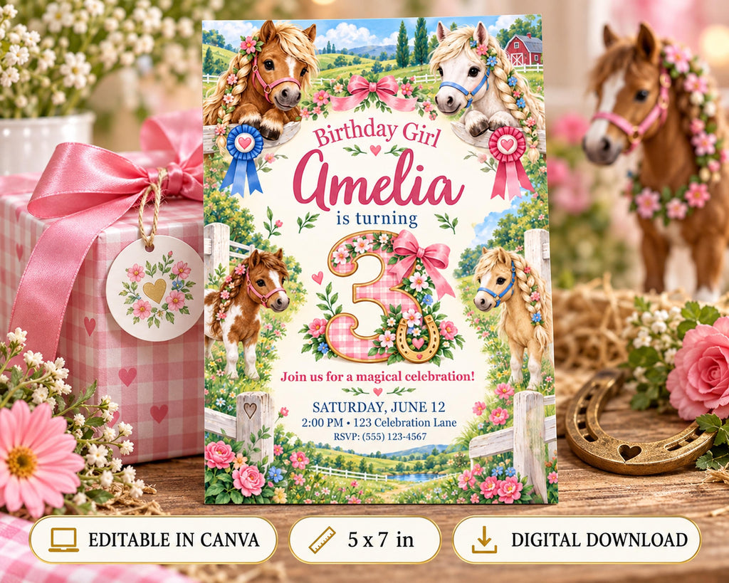 The image is a birthday invitation for a girl named Amelia, featuring illustrations of horses and flowers.