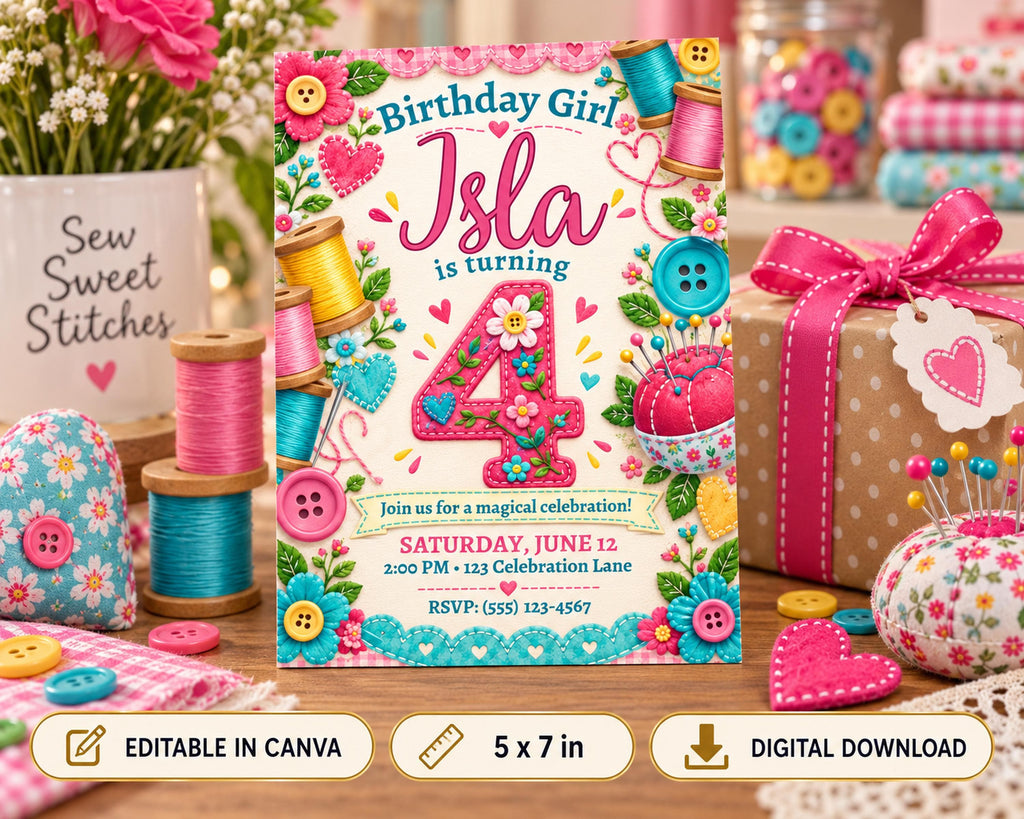 A colorful birthday invitation for a girl named Isla, featuring sewing-related elements such as spools of thread, buttons, and a sewing machine.