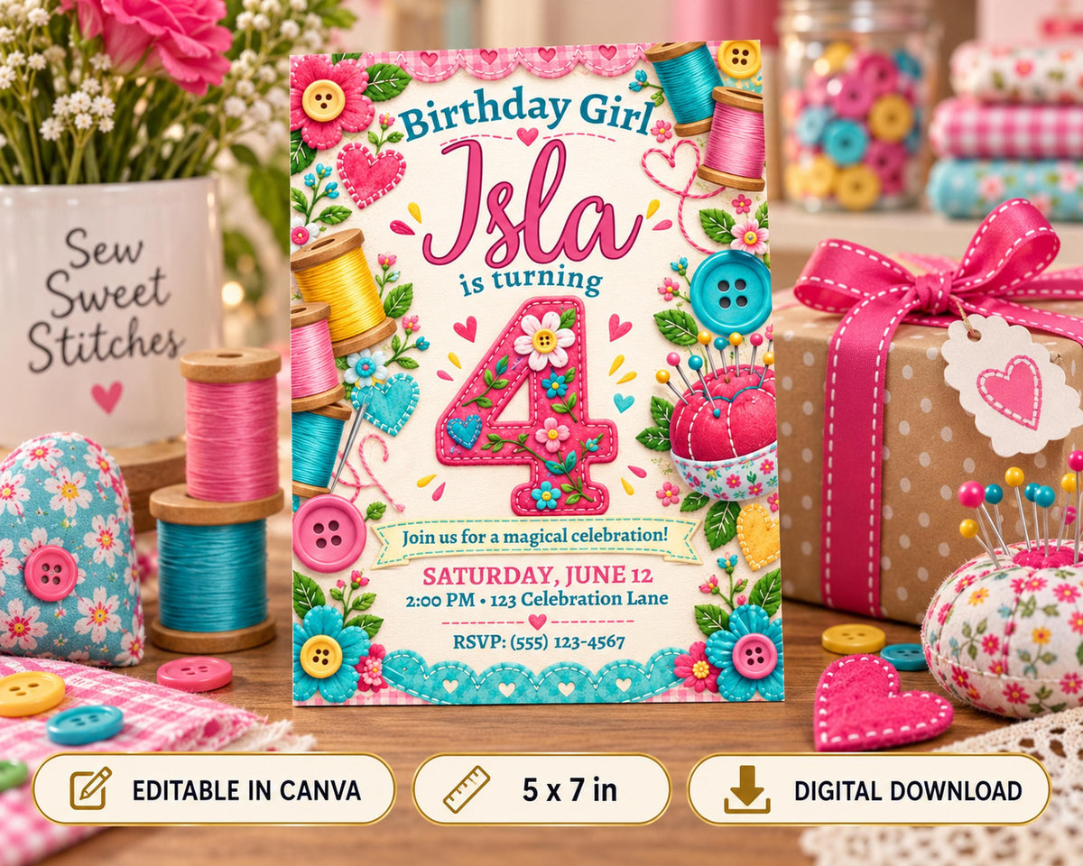A colorful birthday invitation for a girl named Isla, featuring sewing-related elements such as spools of thread, buttons, and a sewing machine.