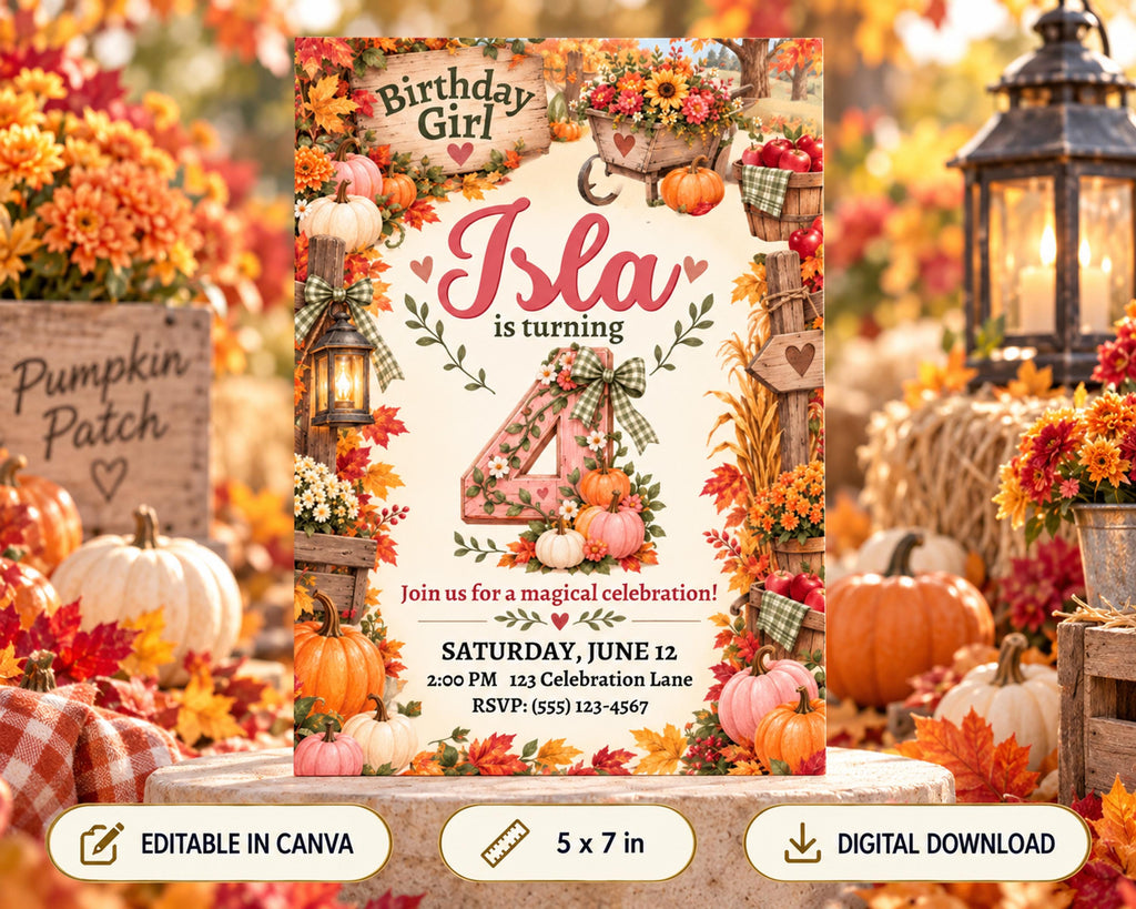 The image is a birthday invitation featuring a pumpkin patch theme, with various fall decorations such as pumpkins, lanterns, and flowers surrounding the text.