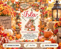 The image is a birthday invitation featuring a pumpkin patch theme, with various fall decorations such as pumpkins, lanterns, and flowers surrounding the text.