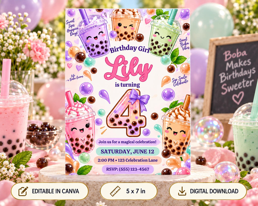 A colorful birthday party invitation for a girl named Lily, featuring illustrations of bubble tea cups and other party decorations.