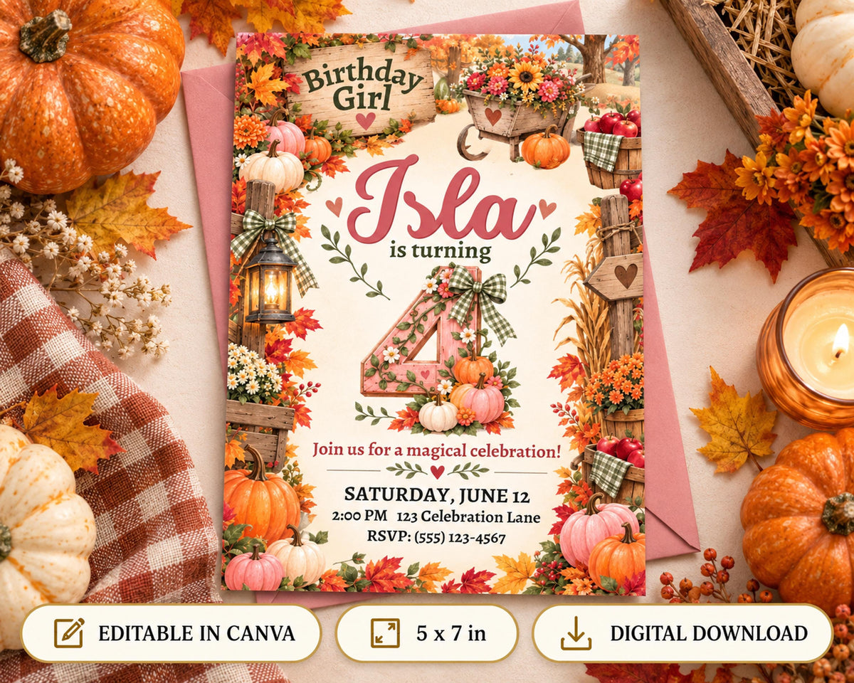 The image is a birthday invitation for a girl named Isla, featuring autumn-themed decorations such as pumpkins, leaves, and flowers.