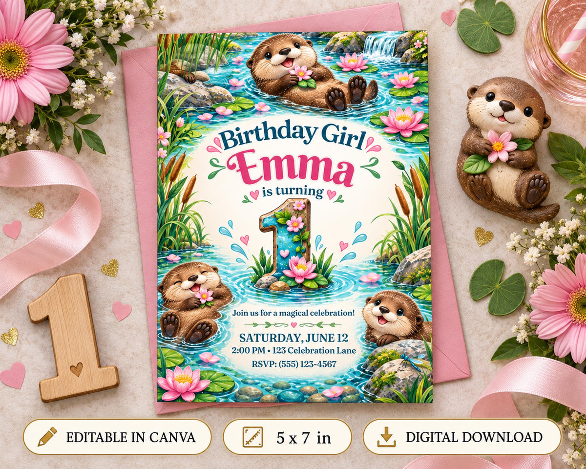 The image is a birthday invitation featuring a cute otter theme, with the text "Birthday Girl Emma is turning 1" and details about the event.