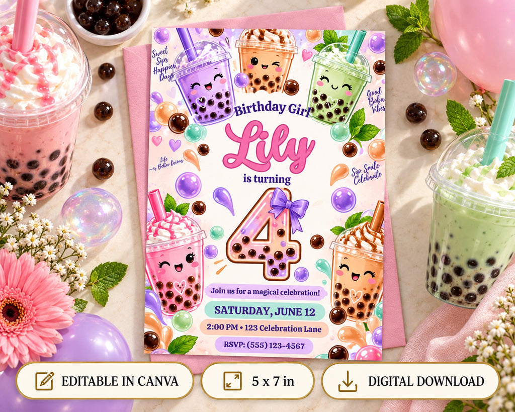 The image is a birthday party invitation featuring a theme of bubble tea, with illustrations of bubble tea cups and bubbles surrounding the text "Lily is turning 4". The invitation is surrounded by various bubble tea cups, flowers, and other party decorations, creating a festive atmosphere.