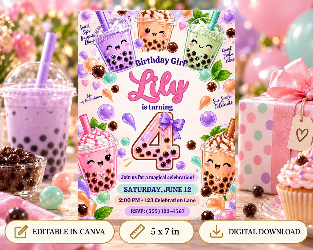 A birthday party invitation for a girl named Lily, featuring colorful illustrations of bubble tea cups and other party decorations.