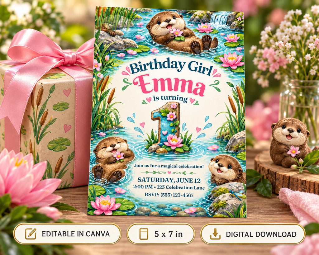 The image is a birthday invitation for a girl named Emma, featuring a whimsical design with otters and flowers.