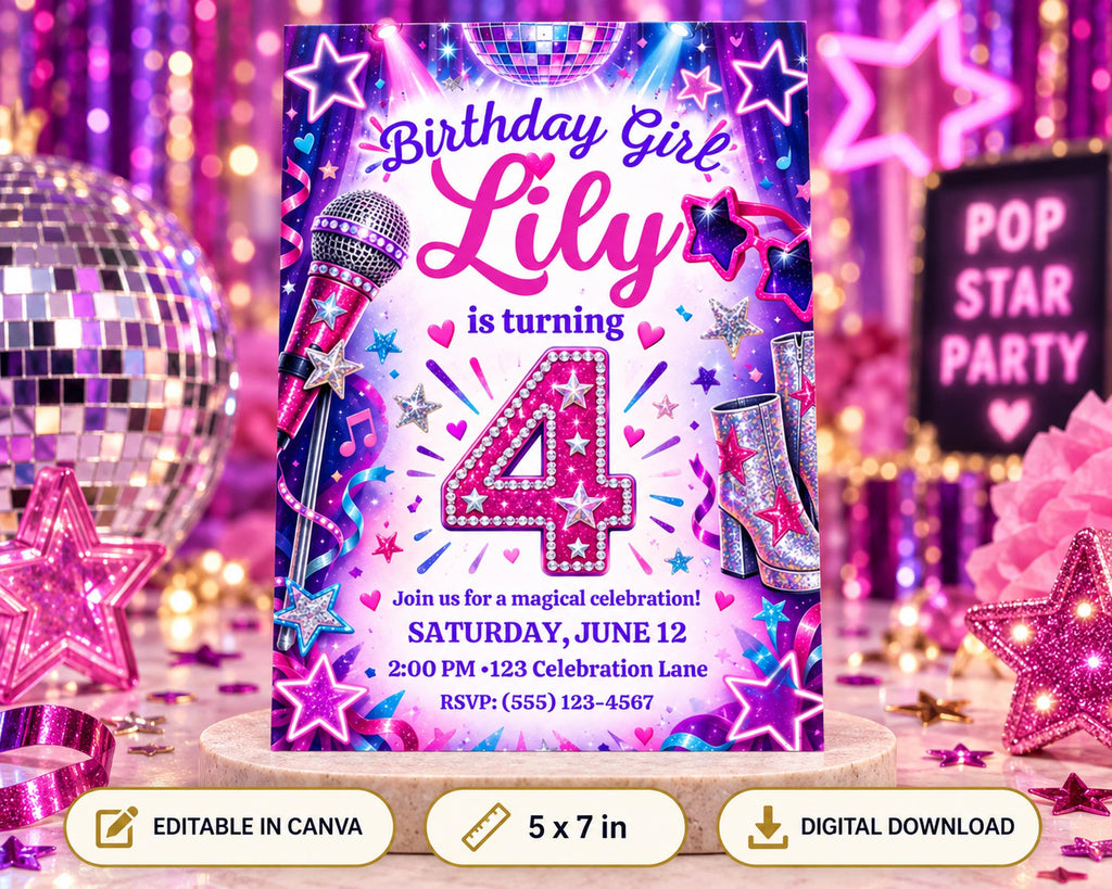 Birthday party invitation for a 4-year-old girl named Lily, featuring a disco ball, stars, and a microphone, with a pink and purple color scheme.