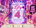 Birthday party invitation for a 4-year-old girl named Lily, featuring a disco ball, stars, and a microphone, with a pink and purple color scheme.