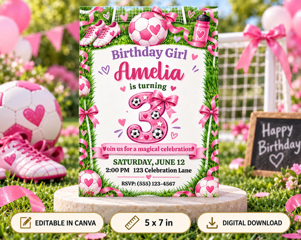 The image is a birthday invitation for a girl named Amelia, who is turning 3 years old. The invitation is decorated with pink and white elements, including soccer balls, hearts, and balloons. The text on the invitation reads "Birthday Girl Amelia is turning 3" and "We invite you for a magical celebration!" The event is scheduled for Saturday, June 12th at 2:00 PM at 123 Celebration Lane. The invitation also includes an RSVP option and a digital download link.