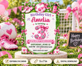 The image is a birthday invitation for a girl named Amelia, who is turning 3 years old. The invitation is decorated with pink and white elements, including soccer balls, hearts, and balloons. The text on the invitation reads "Birthday Girl Amelia is turning 3" and "We invite you for a magical celebration!" The event is scheduled for Saturday, June 12th at 2:00 PM at 123 Celebration Lane. The invitation also includes an RSVP option and a digital download link.