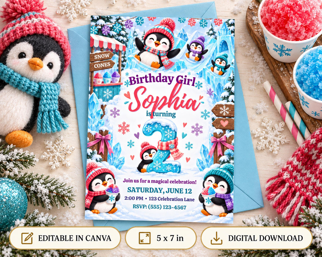 A birthday party invitation featuring penguins and snowflakes, with a focus on the name "Sophia" and the theme of a magical celebration.