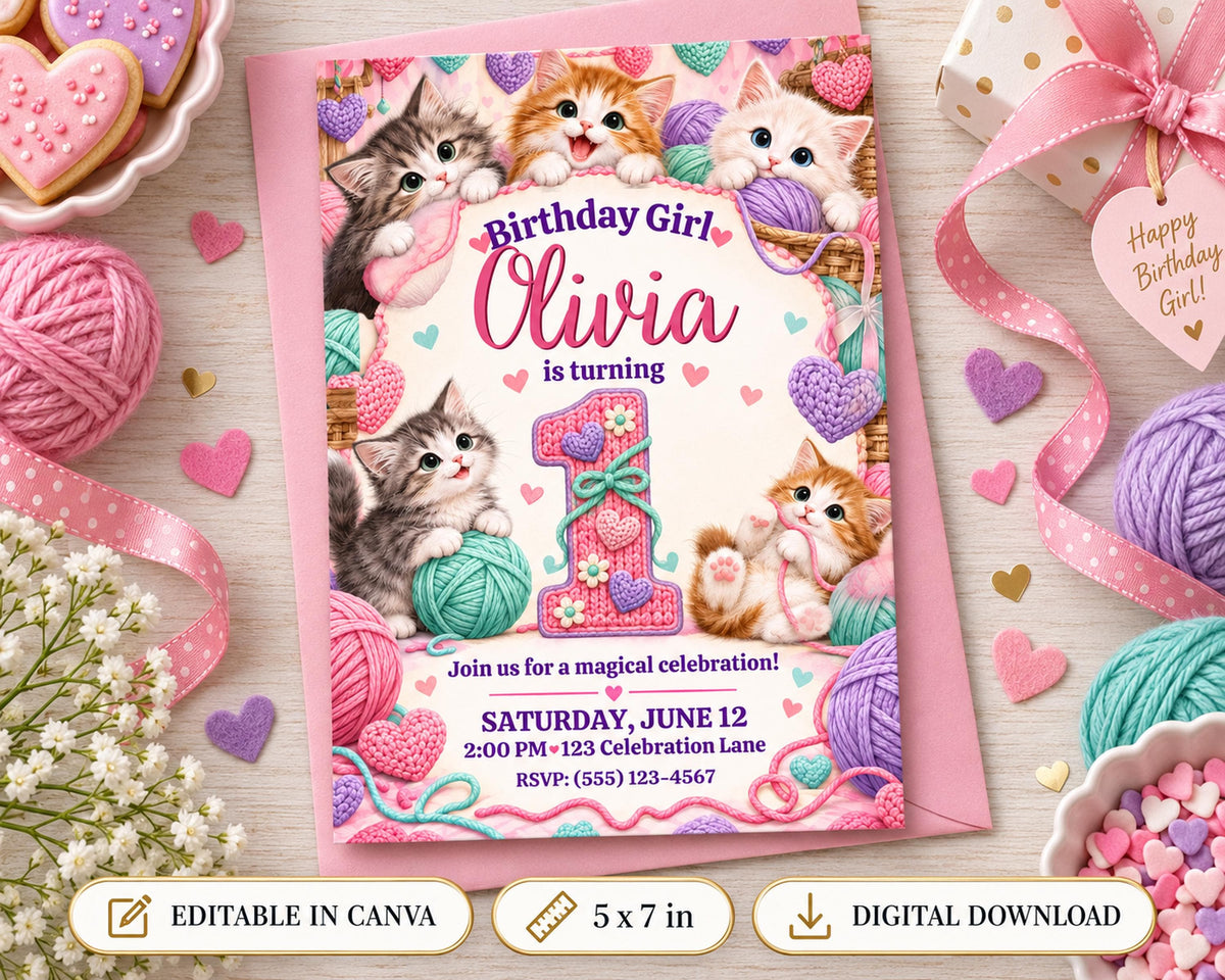 A birthday invitation featuring a cat theme, with the text "Birthday Girl Olivia is turning 1" and details about a magical celebration on Saturday, June 12 at 2:00 PM at the Celebration Lane.