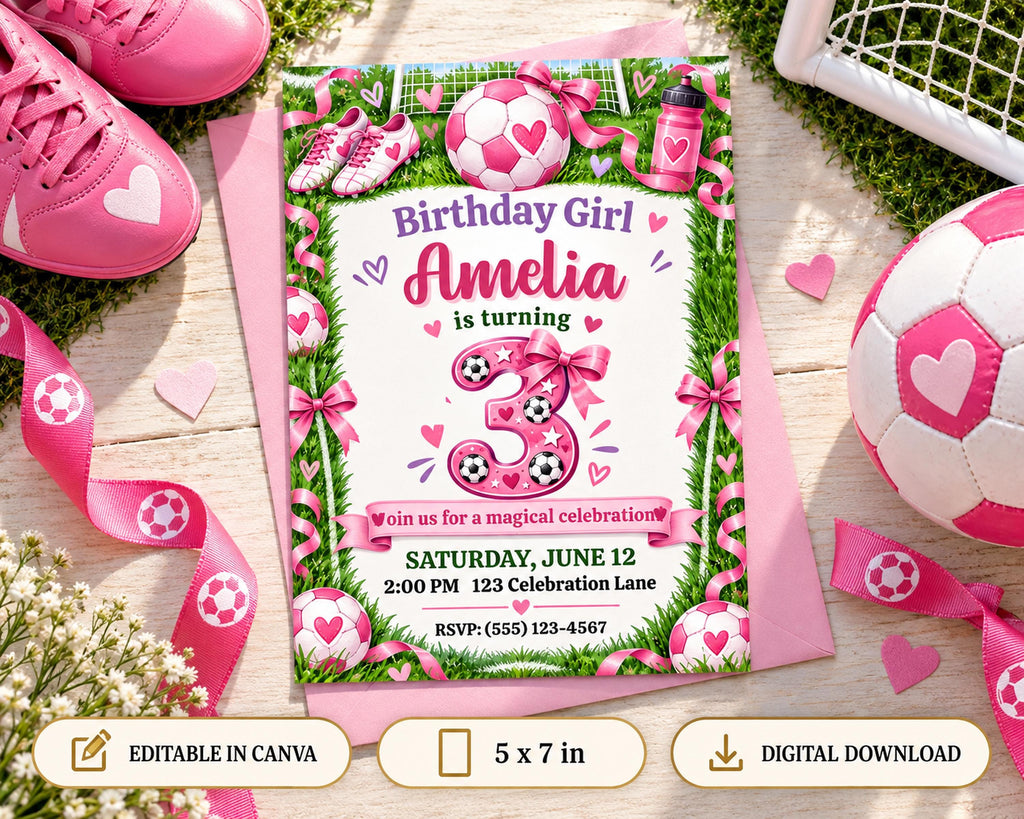 The image is a birthday invitation for a girl named Amelia, featuring soccer-themed decorations and a pink ribbon.