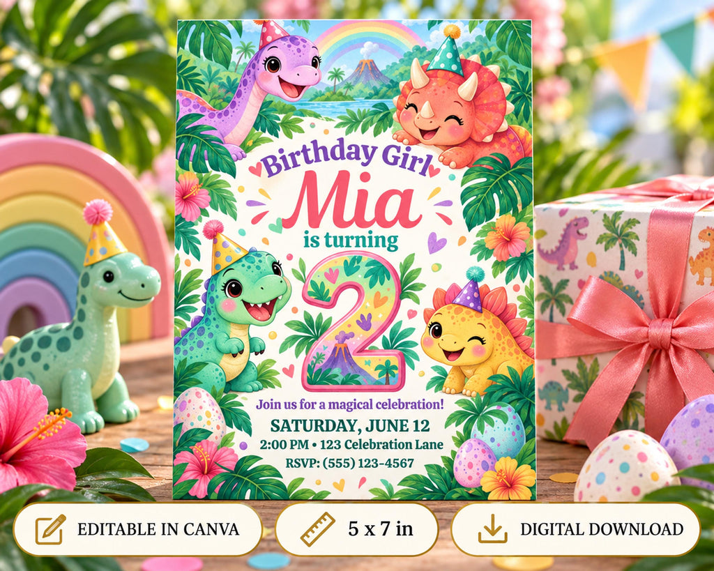 A birthday party invitation for a girl named Mia, featuring colorful dinosaur illustrations and a tropical theme.